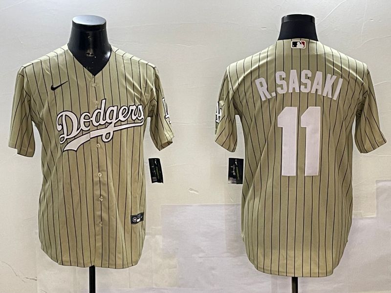 Men Los Angeles Dodgers #11 R.Sasaki Yellow Stripe Fashion Game 2025 Nike MLB Jersey style 1